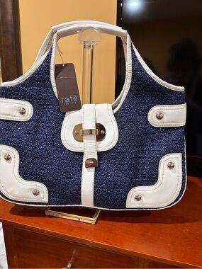 NWT Rafe New York Large Woven Leather Tote | Navy & White Cutout Handle Bag